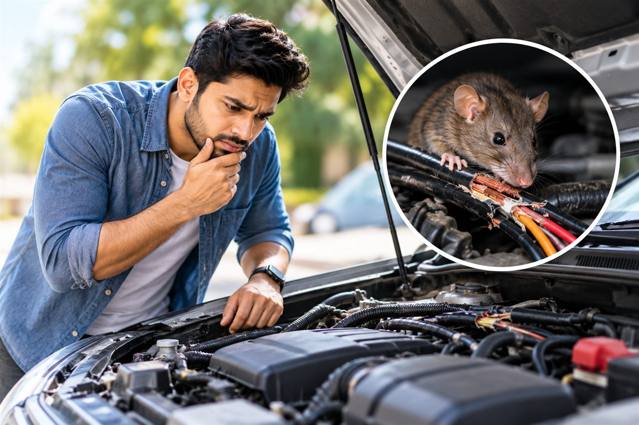 Worried car owner looking at a rat damaged engine after rodent damage